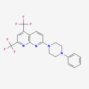 molecular formula C20H16F6N4 B2467320 7-(4-Phenylpiperazino)-2,4-bis(trifluoromethyl)[1,8]naphthyridine CAS No. 241488-25-5