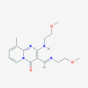 molecular formula C16H22N4O3 B2467379 2-[(2-methoxyethyl)amino]-3-[(1E)-[(2-methoxyethyl)imino]methyl]-9-methyl-4H-pyrido[1,2-a]pyrimidin-4-one CAS No. 1786068-03-8