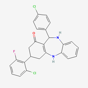 molecular formula C25H19Cl2FN2O B2467385 9-(2-Chloro-6-fluorophenyl)-6-(4-chlorophenyl)-5,6,8,9,10,11-hexahydrobenzo[b][1,4]benzodiazepin-7-one CAS No. 338400-91-2