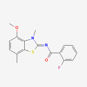 molecular formula C17H15FN2O2S B2467416 2-fluoro-N-(4-methoxy-3,7-dimethyl-1,3-benzothiazol-2-ylidene)benzamide CAS No. 868370-46-1