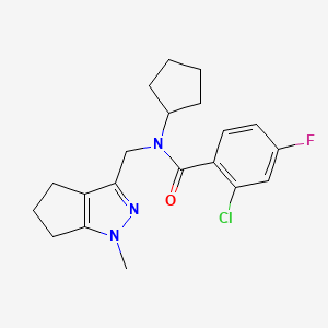 molecular formula C20H23ClFN3O B2467442 2-chloro-N-cyclopentyl-4-fluoro-N-((1-methyl-1,4,5,6-tetrahydrocyclopenta[c]pyrazol-3-yl)methyl)benzamide CAS No. 2034486-16-1