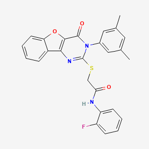 molecular formula C26H20FN3O3S B2467444 2-[[3-(3,5-dimethylphenyl)-4-oxo-[1]benzofuro[3,2-d]pyrimidin-2-yl]sulfanyl]-N-(2-fluorophenyl)acetamide CAS No. 872208-27-0