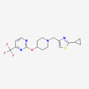 molecular formula C17H19F3N4OS B2467504 2-Cyclopropyl-4-[[4-[4-(trifluoromethyl)pyrimidin-2-yl]oxypiperidin-1-yl]methyl]-1,3-thiazole CAS No. 2380143-14-4