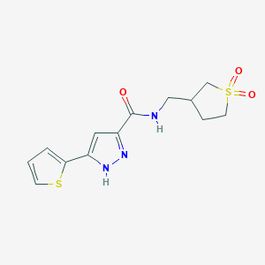 molecular formula C13H15N3O3S2 B2467549 N-((1,1-dioxidotetrahydrothiophen-3-yl)methyl)-3-(thiophen-2-yl)-1H-pyrazole-5-carboxamide CAS No. 1297613-01-4