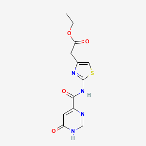 molecular formula C12H12N4O4S B2467552 Ethyl 2-(2-(6-hydroxypyrimidine-4-carboxamido)thiazol-4-yl)acetate CAS No. 2034447-13-5