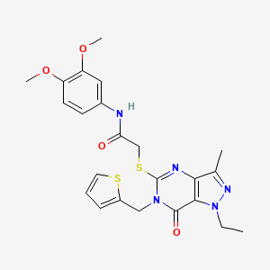 molecular formula C23H25N5O4S2 B2467700 N-(3,4-dimethoxyphenyl)-2-({1-ethyl-3-methyl-7-oxo-6-[(thiophen-2-yl)methyl]-1H,6H,7H-pyrazolo[4,3-d]pyrimidin-5-yl}sulfanyl)acetamide CAS No. 1357784-62-3