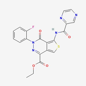 molecular formula C20H14FN5O4S B2467712 3-(2-氟苯基)-4-氧代-5-(吡嗪-2-甲酰胺基)-3,4-二氢噻吩并[3,4-d]嘧啶-1-羧酸乙酯 CAS No. 1251627-19-6