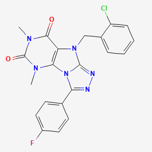 molecular formula C21H16ClFN6O2 B2467722 5-[(2-Chlorophenyl)methyl]-8-(4-fluorophenyl)-1,3-dimethylpurino[8,9-c][1,2,4]triazole-2,4-dione CAS No. 921558-31-8