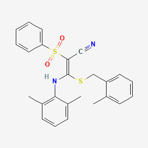 molecular formula C25H24N2O2S2 B2467800 (E)-3-((2,6-dimethylphenyl)amino)-3-((2-methylbenzyl)thio)-2-(phenylsulfonyl)acrylonitrile CAS No. 902514-37-8