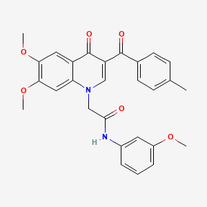 molecular formula C28H26N2O6 B2467951 2-[6,7-dimethoxy-3-(4-methylbenzoyl)-4-oxoquinolin-1-yl]-N-(3-methoxyphenyl)acetamide CAS No. 866590-31-0