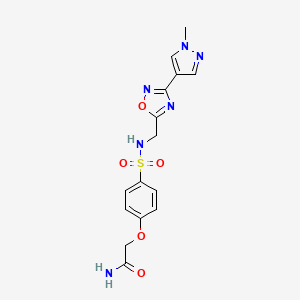 molecular formula C15H16N6O5S B2467968 2-(4-(N-((3-(1-methyl-1H-pyrazol-4-yl)-1,2,4-oxadiazol-5-yl)methyl)sulfamoyl)phenoxy)acetamide CAS No. 2034386-12-2