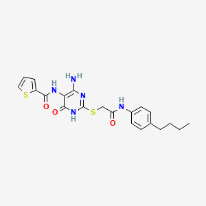 molecular formula C21H23N5O3S2 B2468019 N-(4-amino-2-((2-((4-butylphenyl)amino)-2-oxoethyl)thio)-6-oxo-1,6-dihydropyrimidin-5-yl)thiophene-2-carboxamide CAS No. 868225-49-4