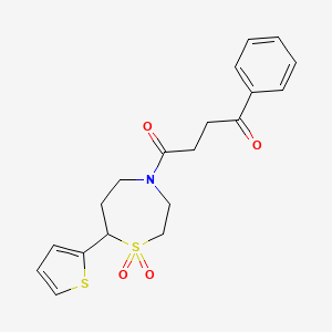 molecular formula C19H21NO4S2 B2468024 1-(1,1-Dioxido-7-(thiophen-2-yl)-1,4-thiazepan-4-yl)-4-phenylbutane-1,4-dione CAS No. 2034420-88-5