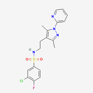 molecular formula C18H18ClFN4O2S B2468032 3-chloro-N-(2-(3,5-dimethyl-1-(pyridin-2-yl)-1H-pyrazol-4-yl)ethyl)-4-fluorobenzenesulfonamide CAS No. 2034537-62-5