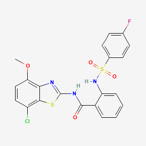 molecular formula C21H15ClFN3O4S2 B2468145 N-(7-chloro-4-methoxybenzo[d]thiazol-2-yl)-2-(4-fluorophenylsulfonamido)benzamide CAS No. 886951-13-9