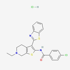 molecular formula C23H21Cl2N3OS2 B2468216 N-(3-(benzo[d]thiazol-2-yl)-6-ethyl-4,5,6,7-tetrahydrothieno[2,3-c]pyridin-2-yl)-4-chlorobenzamide hydrochloride CAS No. 1163144-31-7