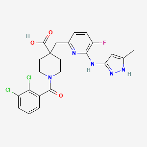 molecular formula C23H22Cl2FN5O3 B2468232 1-(2,3-Dichlorobenzoyl)-4-[[5-fluoro-6-[(5-methyl-1H-pyrazol-3-yl)amino]pyridin-2-yl]methyl]piperidine-4-carboxylic acid CAS No. 1453099-83-6