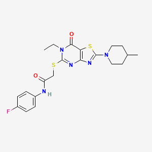 molecular formula C21H24FN5O2S2 B2468248 2-{[6-ethyl-2-(4-methylpiperidino)-7-oxo-6,7-dihydro[1,3]thiazolo[4,5-d]pyrimidin-5-yl]sulfanyl}-N~1~-(4-fluorophenyl)acetamide CAS No. 1207043-51-3