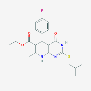 molecular formula C21H24FN3O3S B2468347 Ethyl 5-(4-fluorophenyl)-2-(isobutylthio)-7-methyl-4-oxo-3,4,5,8-tetrahydropyrido[2,3-d]pyrimidine-6-carboxylate CAS No. 923703-27-9