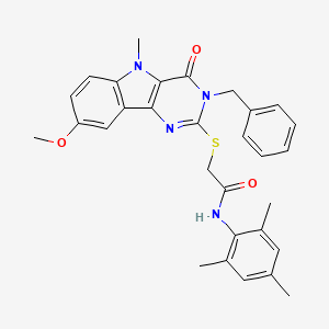 molecular formula C30H30N4O3S B2468355 2-(3-benzyl-8-methoxy-5-methyl-4-oxopyrimido[5,4-b]indol-2-yl)sulfanyl-N-(2,4,6-trimethylphenyl)acetamide CAS No. 866872-96-0