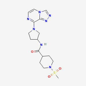 molecular formula C16H23N7O3S B2468411 N-(1-([1,2,4]triazolo[4,3-a]pyrazin-8-yl)pyrrolidin-3-yl)-1-(methylsulfonyl)piperidine-4-carboxamide CAS No. 2034557-61-2