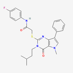 molecular formula C26H27FN4O2S B2468475 N-(4-fluorophenyl)-2-{[5-methyl-3-(3-methylbutyl)-4-oxo-7-phenyl-4,5-dihydro-3H-pyrrolo[3,2-d]pyrimidin-2-yl]thio}acetamide CAS No. 1115371-13-5