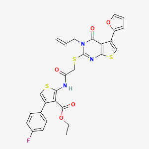 molecular formula C28H22FN3O5S3 B2468525 Ethyl 4-(4-fluorophenyl)-2-[[2-[5-(furan-2-yl)-4-oxo-3-prop-2-enylthieno[2,3-d]pyrimidin-2-yl]sulfanylacetyl]amino]thiophene-3-carboxylate CAS No. 690644-77-0