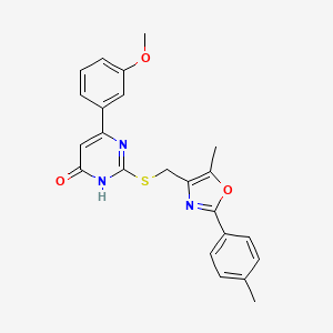 molecular formula C23H21N3O3S B2468532 6-(3-Methoxyphenyl)-2-(((5-methyl-2-(p-tolyl)oxazol-4-yl)methyl)thio)pyrimidin-4-ol CAS No. 1040635-00-4