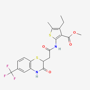 molecular formula C20H19F3N2O4S2 B2468554 methyl 4-ethyl-5-methyl-2-(2-(3-oxo-6-(trifluoromethyl)-3,4-dihydro-2H-benzo[b][1,4]thiazin-2-yl)acetamido)thiophene-3-carboxylate CAS No. 938026-15-4