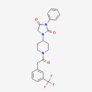 molecular formula C23H22F3N3O3 B2468608 3-苯基-1-(1-(2-(3-(三氟甲基)苯基)乙酰)哌啶-4-基)咪唑烷-2,4-二酮 CAS No. 2034332-01-7