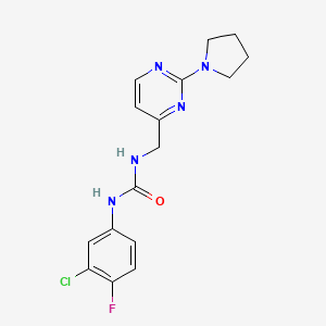 molecular formula C16H17ClFN5O B2468614 1-(3-Chloro-4-fluorophenyl)-3-((2-(pyrrolidin-1-yl)pyrimidin-4-yl)methyl)urea CAS No. 1795443-18-3
