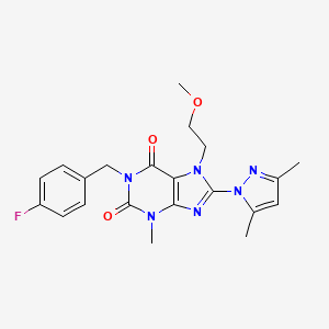 molecular formula C21H23FN6O3 B2468633 8-(3,5-dimethyl-1H-pyrazol-1-yl)-1-(4-fluorobenzyl)-7-(2-methoxyethyl)-3-methyl-1H-purine-2,6(3H,7H)-dione CAS No. 1014031-93-6