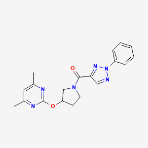 molecular formula C19H20N6O2 B2468744 (3-((4,6-二甲基嘧啶-2-基)氧代)吡咯烷-1-基)(2-苯基-2H-1,2,3-三唑-4-基)甲苯酮 CAS No. 2034564-50-4