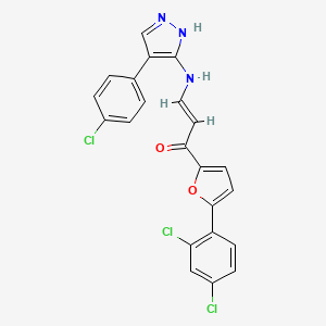 molecular formula C22H14Cl3N3O2 B2468750 (E)-3-[[4-(4-chlorophenyl)-1H-pyrazol-5-yl]amino]-1-[5-(2,4-dichlorophenyl)furan-2-yl]prop-2-en-1-one CAS No. 1037690-33-7