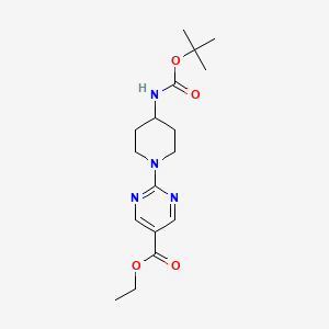 molecular formula C17H26N4O4 B2468797 Ethyl 2-{4-[(tert-butoxycarbonyl)amino]piperidino}-5-pyrimidinecarboxylate CAS No. 875318-76-6