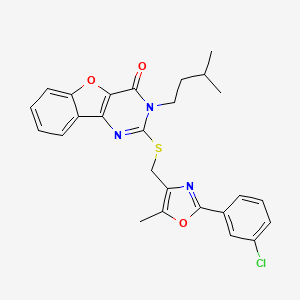 molecular formula C26H24ClN3O3S B2468810 2-(((2-(3-chlorophenyl)-5-methyloxazol-4-yl)methyl)thio)-3-isopentylbenzofuro[3,2-d]pyrimidin-4(3H)-one CAS No. 1031989-70-4