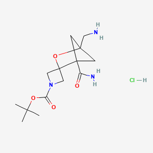 molecular formula C14H24ClN3O4 B2468938 Tert-butyl 1-(aminomethyl)-4-carbamoylspiro[2-oxabicyclo[2.1.1]hexane-3,3'-azetidine]-1'-carboxylate;hydrochloride CAS No. 2490431-91-7
