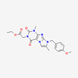 molecular formula C21H23N5O5 B2468948 ethyl 2-(8-(4-methoxybenzyl)-1,7-dimethyl-2,4-dioxo-1H-imidazo[2,1-f]purin-3(2H,4H,8H)-yl)acetate CAS No. 896301-25-0