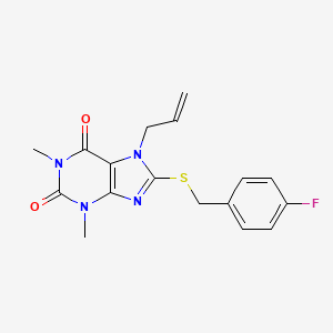molecular formula C17H17FN4O2S B2468981 8-{[(4-fluorophenyl)methyl]sulfanyl}-1,3-dimethyl-7-(prop-2-en-1-yl)-2,3,6,7-tetrahydro-1H-purine-2,6-dione CAS No. 377064-63-6