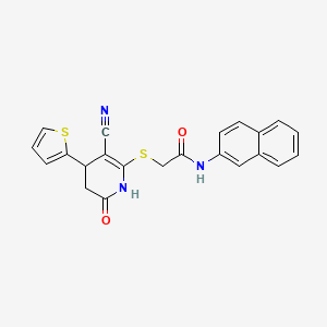 molecular formula C22H17N3O2S2 B2469009 2-{[3-cyano-6-oxo-4-(thiophen-2-yl)-1,4,5,6-tetrahydropyridin-2-yl]sulfanyl}-N-(naphthalen-2-yl)acetamide CAS No. 375835-86-2