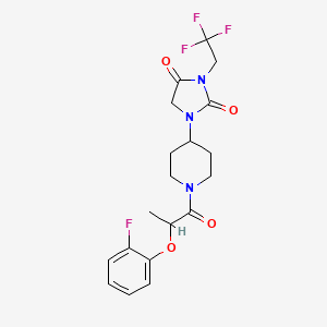 molecular formula C19H21F4N3O4 B2469024 1-{1-[2-(2-Fluorophenoxy)propanoyl]piperidin-4-yl}-3-(2,2,2-trifluoroethyl)imidazolidine-2,4-dione CAS No. 2097925-36-3