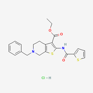 molecular formula C22H23ClN2O3S2 B2469077 6-苄基-2-(噻吩-2-甲酰胺基)-4,5,6,7-四氢噻吩并[2,3-c]吡啶-3-甲酸乙酯盐酸盐 CAS No. 1329954-84-8