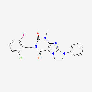 molecular formula C21H17ClFN5O2 B2469110 3-[(2-Chloro-6-fluorophenyl)methyl]-1-methyl-8-phenyl-1,3,5-trihydroimidazolid ino[1,2-h]purine-2,4-dione CAS No. 872838-80-7