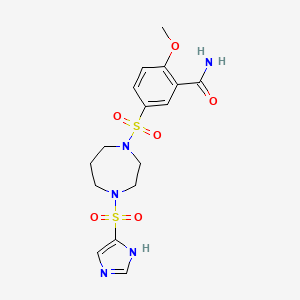 molecular formula C16H21N5O6S2 B2469184 5-((4-((1H-imidazol-4-yl)sulfonyl)-1,4-diazepan-1-yl)sulfonyl)-2-methoxybenzamide CAS No. 1903359-59-0