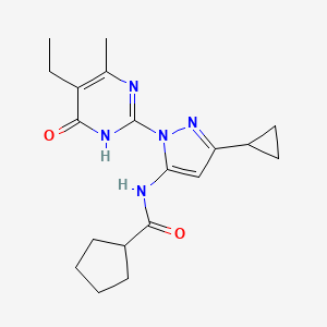molecular formula C19H25N5O2 B2469197 N-(3-cyclopropyl-1-(5-ethyl-4-methyl-6-oxo-1,6-dihydropyrimidin-2-yl)-1H-pyrazol-5-yl)cyclopentanecarboxamide CAS No. 1207019-16-6