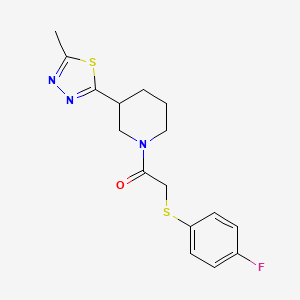 molecular formula C16H18FN3OS2 B2469209 2-((4-Fluorophenyl)thio)-1-(3-(5-methyl-1,3,4-thiadiazol-2-yl)piperidin-1-yl)ethanone CAS No. 1226431-44-2