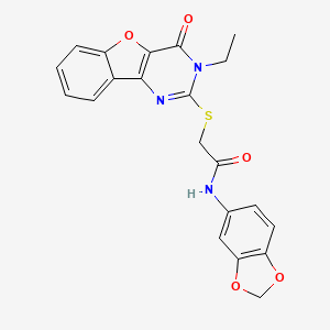 molecular formula C21H17N3O5S B2469239 N-(1,3-benzodioxol-5-yl)-2-[(3-ethyl-4-oxo-3,4-dihydro[1]benzofuro[3,2-d]pyrimidin-2-yl)sulfanyl]acetamide CAS No. 923257-69-6