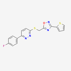 molecular formula C17H11FN4OS2 B2469249 3-(4-Fluorophenyl)-6-({[3-(2-thienyl)-1,2,4-oxadiazol-5-yl]methyl}thio)pyridazine CAS No. 1115285-60-3