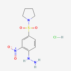 molecular formula C10H15ClN4O4S B2469252 1-(4-Hydrazinyl-3-nitrobenzenesulfonyl)pyrrolidine hydrochloride CAS No. 1210618-41-9