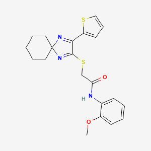 molecular formula C21H23N3O2S2 B2469263 N-(2-methoxyphenyl)-2-((3-(thiophen-2-yl)-1,4-diazaspiro[4.5]deca-1,3-dien-2-yl)thio)acetamide CAS No. 1224004-48-1